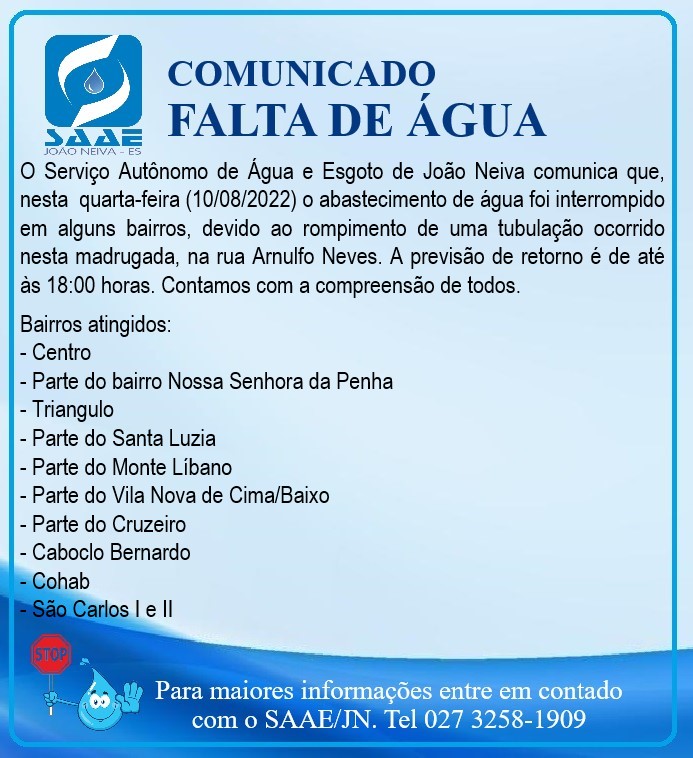 COMUNICADO DE FALTA  D'ÁGUA.